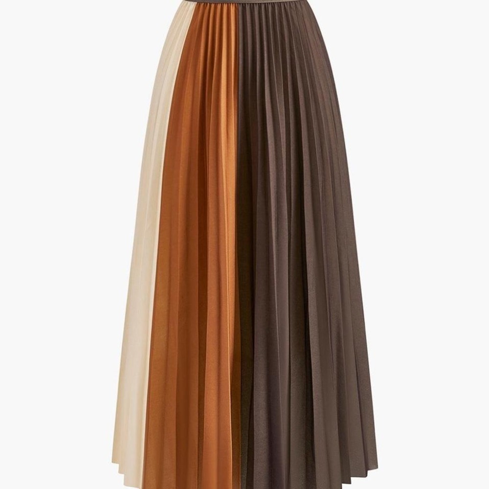 Brown Color Block‎ Pleated Skirt  commense medium